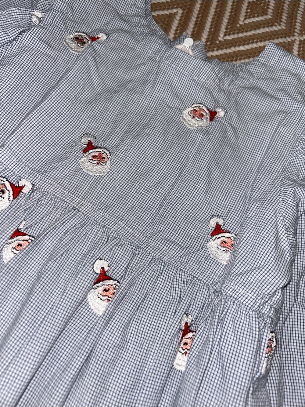 Pink Chicken Blue Check Santa Embroidered Long-Sleeve Dress - Picture 2 of 5